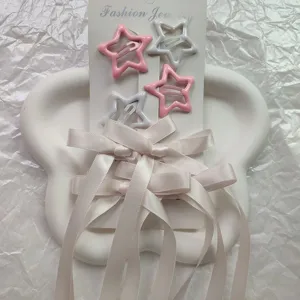 Set di mollette per capelli a stella con lunghi nastri fiocco, accessori dolci per capelli.