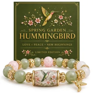 Detailed view of hummingbird crystal beaded bracelet featuring pink and green gemstones