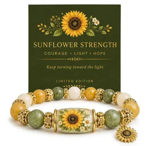 Elegant sunflower beaded bracelet with crystal stones and detailed golden charms