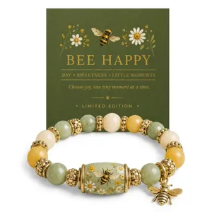 Natural stone beaded bracelet with bee charm and decorative 'Bee Happy' gift message card