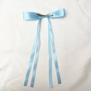 Light blue polyester ribbon bow hair clip with long tails, sweet and cute duckbill hair accessory.