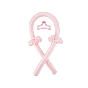 Heatless Curling Rod Set Pink Satin Hair Curler with Scrunchies and Claw Clip for Overnight Curls