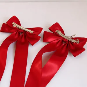 Extra large red satin long streamer bow hair clip sweet hair accessory for women and girls