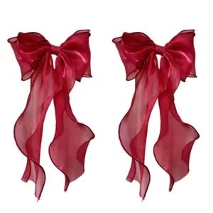 Red large hair bow clip with long ribbons, translucent organza elegant hair accessories for women