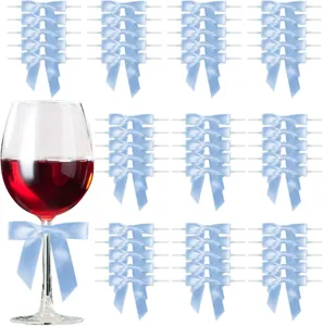 Light blue satin ribbon twist ties bows for party gift wrapping candy bags and wine glass decor.