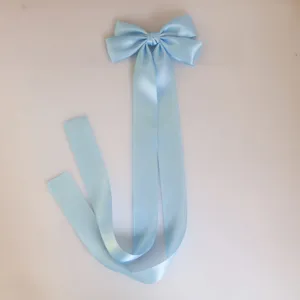 Light blue satin long ribbon bow hair clip sweet Korean style elegant hair accessory cute