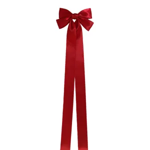 Red satin long ribbon bow hair clip, elegant and sweet Korean style hair accessory for women.