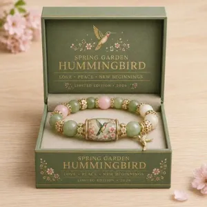 Detailed view of a hummingbird crystal beaded bracelet nestled in a Spring Garden gift box
