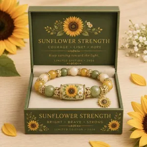 Macro view of sunflower beaded bracelet presented in an inspirational message gift box