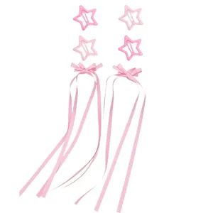 Set di 6 mollette per capelli stella rosa e lunghi nastri con fiocco per festival.