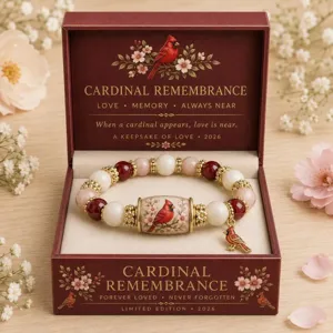Detailed view of cardinal remembrance crystal bracelet in a premium burgundy gift box