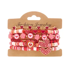 Set van 6 rode kleikraalarmbanden met hartjes en bloemen voor Valentijnsdag cadeau