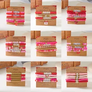Bohemian Polymeerklei Heishi Kralen Armband Set Voor Vrouwen Romantisch Roze Letter Kralen Elastisch Gelaagde Hart Hanger Armbanden Valentijnsdag Sieraden