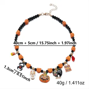 Halloween charm necklace with pumpkin and spider pendants, 40cm plus 5cm length
