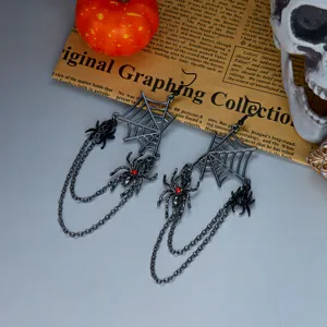 Boucles d'oreilles punk avec toile d'araignée et glands, araignées en strass rouges