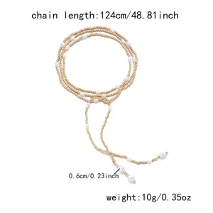 Detail view of 124cm long wrap necklace with gold beads and pearls showing dimensions