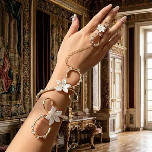 Vue détaillée d'un bracelet de bras doré orné de fleurs blanches et de cristaux fins