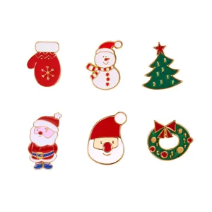 Set of six colorful decorative Christmas enamel lapel pins with Santa and tree motifs