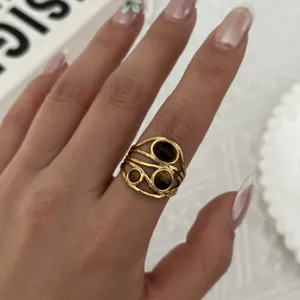 Retro gold stainless steel open ring featuring multiple natural tiger eye stones