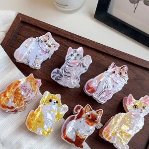 Cute Cartoon Cat Shaped Hair Claw Clip For Women PVC Pearlescent Shark Clip Animal Pattern Hair Accessories For Bun Daily Hair Clip