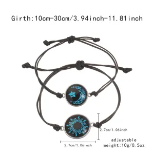 Bracelets de couple lumineux soleil et lune réglables faits main avec cordes tressées noires