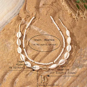 Bohemian multi-layer seashell necklace set with beads and pendants for women beach style.