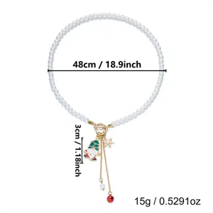 Elegante collana di perle natalizia con ciondolo gnomo e campanellino, lunga 48cm