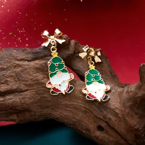 Orecchini a goccia natalizi con Babbo Natale, fiocchi dorati e finitura smaltata