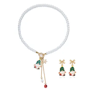 Set di collana e orecchini di perle di Natale con ciondolo Babbo Natale