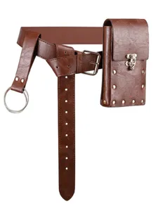 Steampunk brown leather pouch belt with ring for medieval Renaissance cosplay costumes.