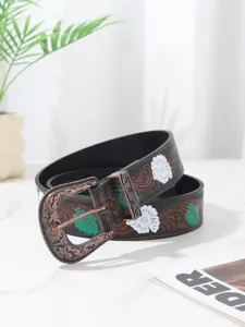 Vintage embossed bohemian belt for women with floral patterns and antique bronze buckle