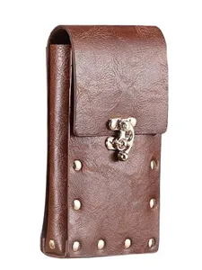 Vintage brown faux leather steampunk mobile phone pouch with medieval metal clasp