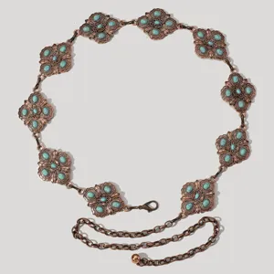 Cintura a catena vintage in metallo con fiori e pietre turchesi per abiti