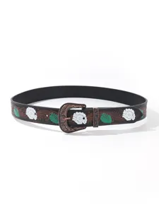 Vintage Bohemian women's belt with floral leaf patterns and antique bronze buckle