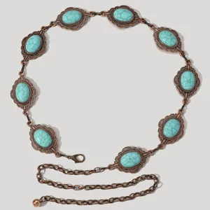 Cintura bohémien vintage in metallo bronzo con pietre turchesi ovali per abiti eleganti