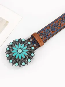 Detailansicht des US-Vintage-Damengürtels mit Türkis-Blumenschnalle und floraler Prägung