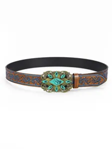 Vintage ethnic style belt for women featuring a turquoise buckle and floral embossing