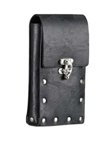 Detail of black steampunk phone pouch with vintage metal clasp and silver rivets.