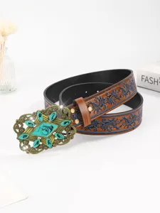 Vintage Western style women's belt with ornate blue turquoise buckle and floral strap