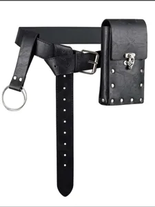 Detailed view of steampunk black leather belt with skull pouch for cosplay outfits