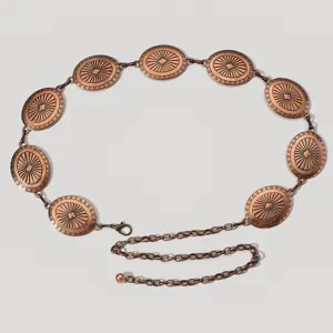 Cintura a catena vintage in rame antico con medaglioni ovali incisi a raggio di sole