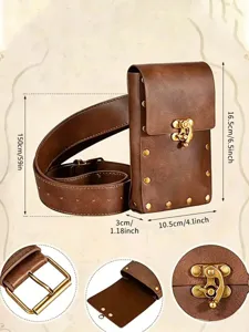 Detailed view of steampunk leather belt bag with dimensions and buckle close-ups