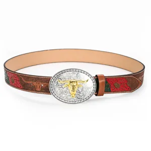 Detailansicht eines Vintage-Ledergürtels für Damen mit goldener Stierkopf-Schnalle