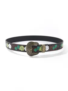 Vintage bohemian leather belt for women with floral patterns and ornate buckle