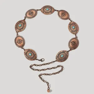 Cintura a catena bohémien in rame vintage con pietre turchesi per abiti e maglioni