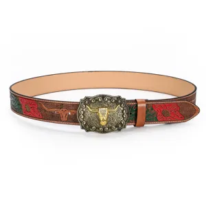 Elegante cintura cowboy vintage con fiori intagliati e fibbia dorata a testa di toro
