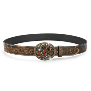 Western cowboy embossed leather belt with vintage floral patterns and red stone buckle