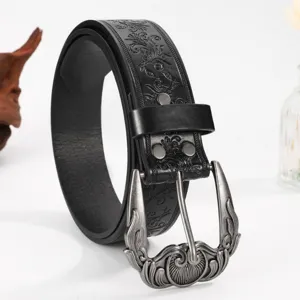 Vintage ethnic style women's black leather belt with embossed floral pattern detail