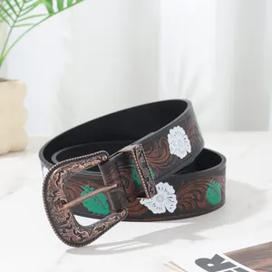 Western-style embossed floral belt with antique buckle for women Bohemian fashion.