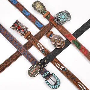 Cintura in Pelle PU Intagliata Vintage Etnica da Donna Cowboy del West con Fibbia in Lega Turchese Cintura in Rilievo